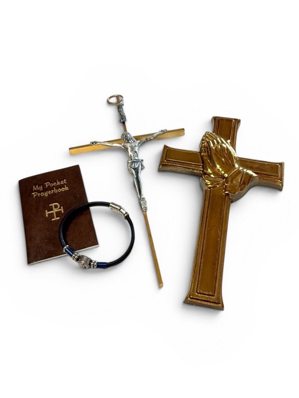 MCM Gold & Silver Crucifix Set w/ Praying Hands Cross, Italian Bracelet & Prayer